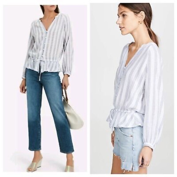 NWOT Rails Marti Cayman Stripe White Linen Blend Long Sleeve Blouse Size Large - Picture 4 of 16